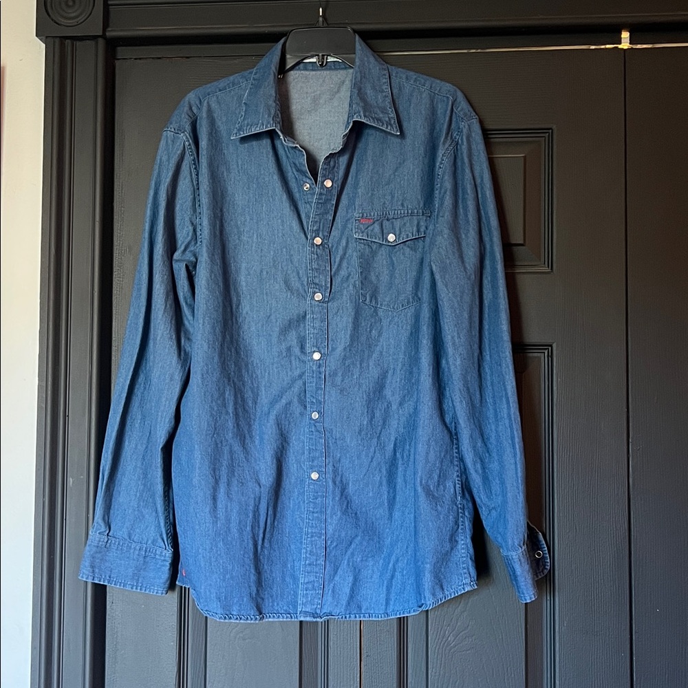 Blue Denim Button-Up Shirt with pearl snap buttons